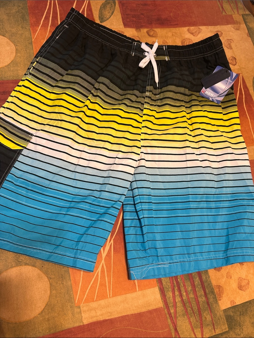 NWT Men's Striped Gradient Swim Shorts in Blue, Yellow, White, and Black